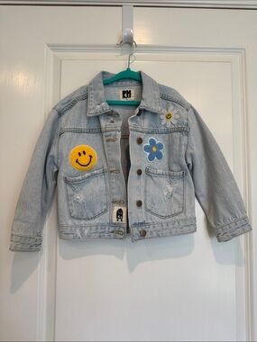 Kids Light Wash Denim Jacket with Smiley & Floral Patches | Size 5